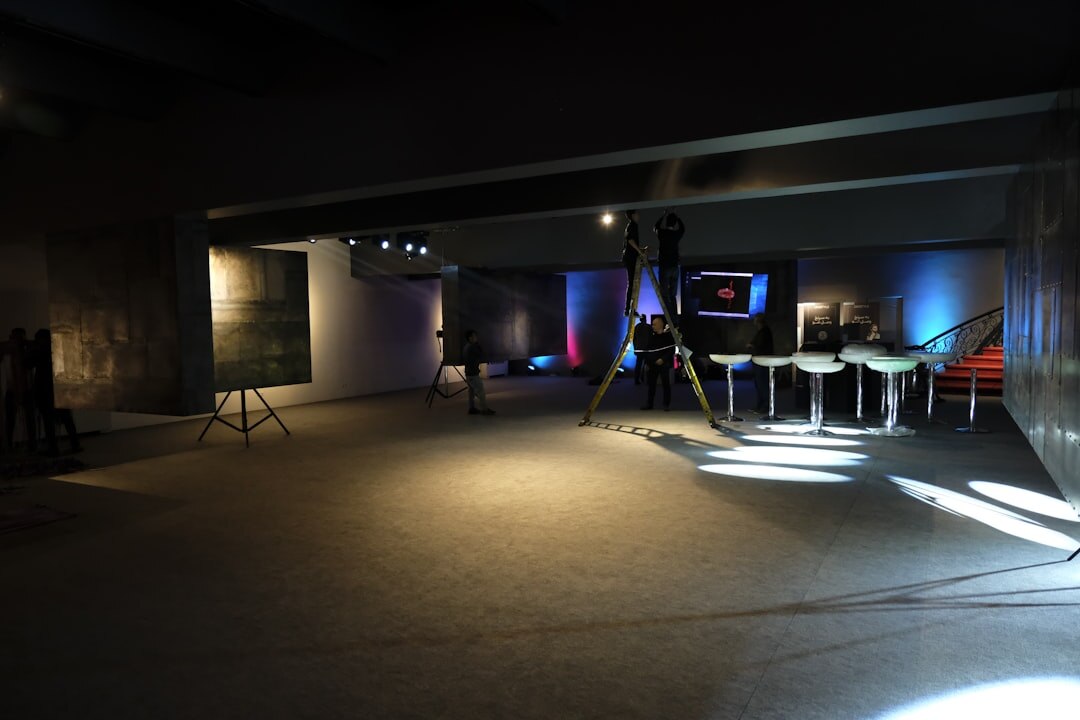 Live television studio set with lighting rigs
